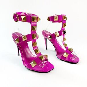 VALENTINO Roman Stud Pink Gladiator Heels Size 37 Sandal Ankle Strap Rockstud